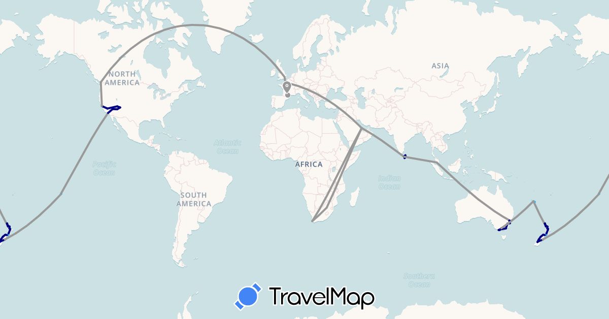 TravelMap itinerary: driving, plane, boat in Australia, Canada, France, United Kingdom, Sri Lanka, Malaysia, New Caledonia, New Zealand, French Polynesia, Qatar, United States, South Africa (Africa, Asia, Europe, North America, Oceania)
